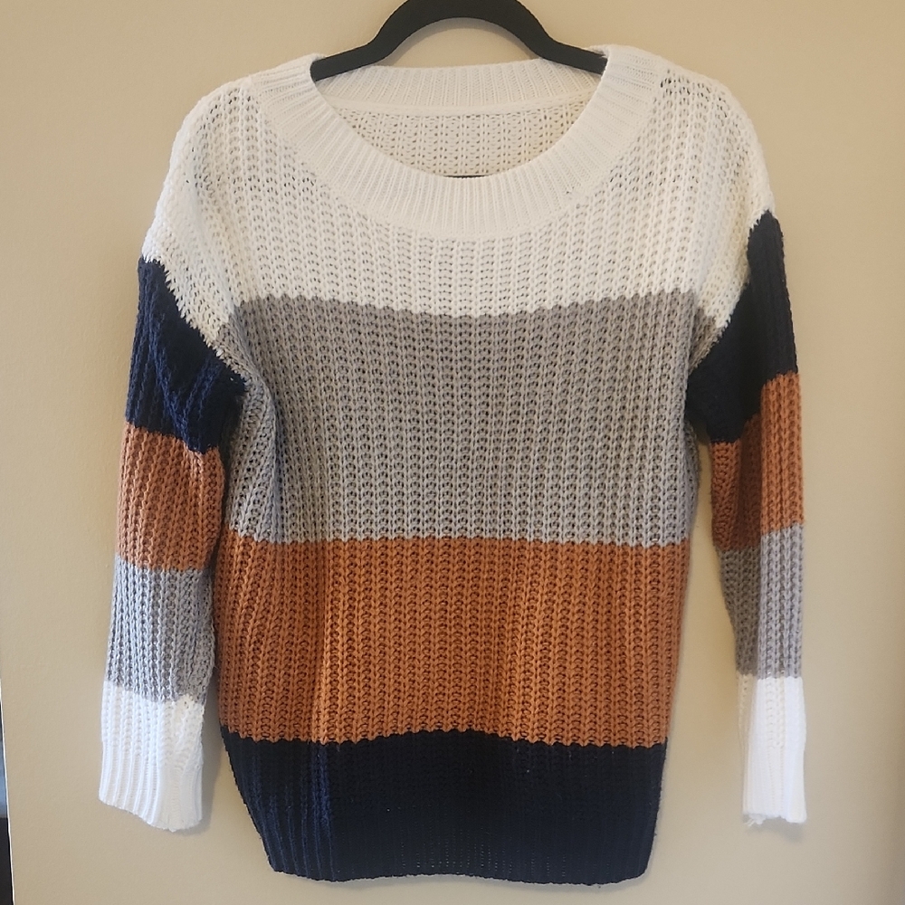 Colorblock Knit Sweater - White, Navy, Gray, and Orange